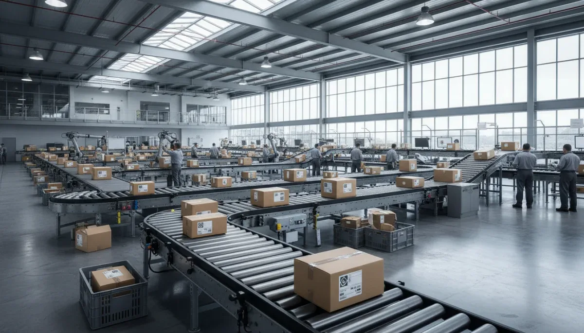 Conveyor belt in a customs sorting facility handling international parcels.