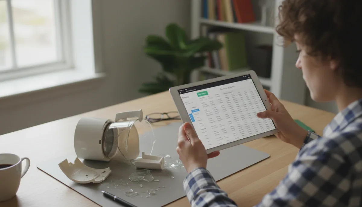 Person documenting a broken online purchase with a tablet and store invoice.