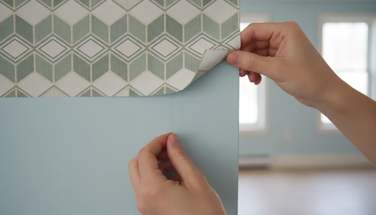 Hand peeling removable wallpaper cleanly from a white painted wall