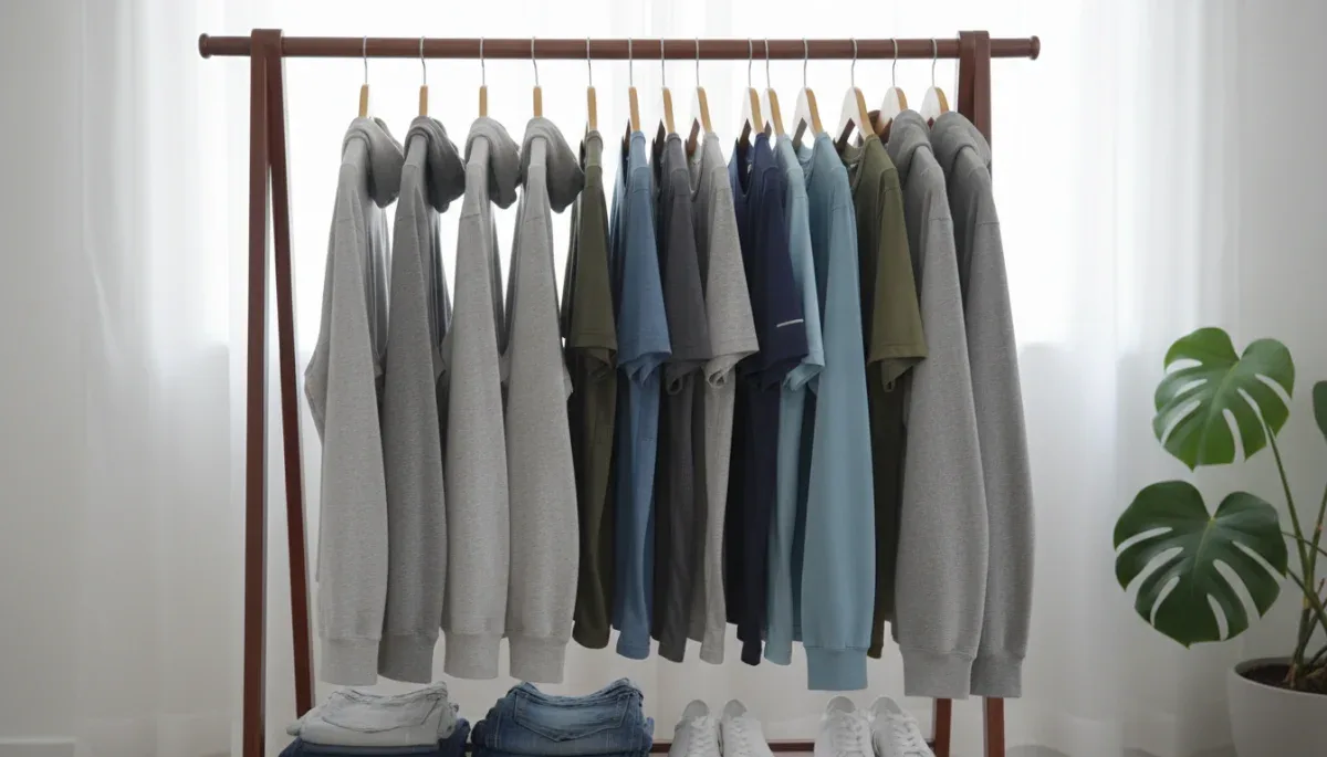 Casual clothing rack with cotton blend hoodies and polyester shirts.