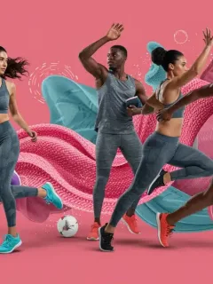 Athletes in futuristic activewear demonstrating enhanced performance with innovative fabrics.