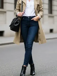 Woman in timeless trench coat, white shirt, dark jeans, and leather boots, embodying smart wardrobe investments.
