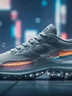 Futuristic shoe design with advanced cushioning and smart materials for enhanced comfort and durability by 2026.