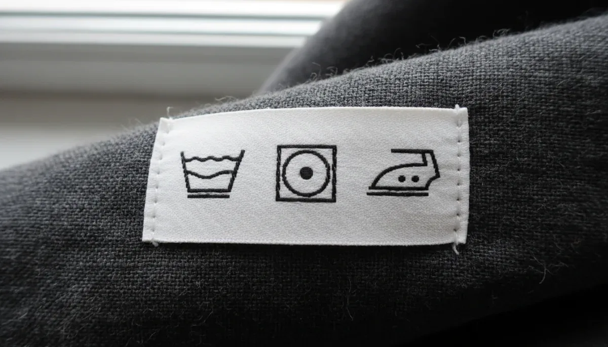 Detailed view of laundry care symbols on a garment label.