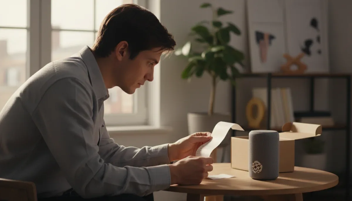Person reviewing product receipt and warranty information for budget electronics