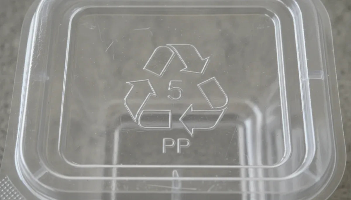 Close-up of plastic resin identification code number five on the base of a food container