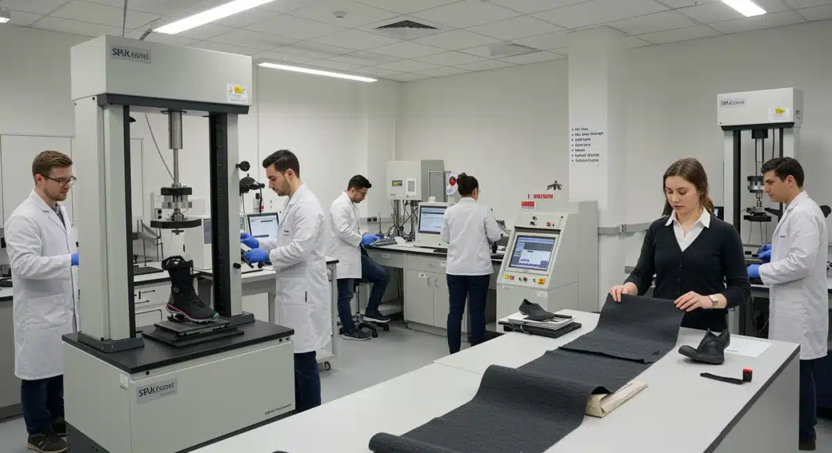 Researchers testing advanced textile material for durable shoe uppers in a lab.
