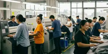 Workers in a modern, ethical textile factory, demonstrating fair labor practices and safe working conditions.