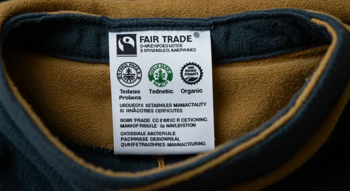 Close-up of a garment label showing fair trade and ethical sourcing certifications.