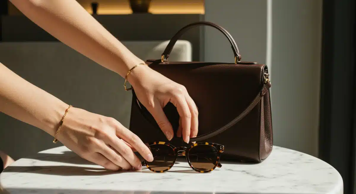 High-quality handbag and designer sunglasses, essential for accessorizing 2026 outfits.
