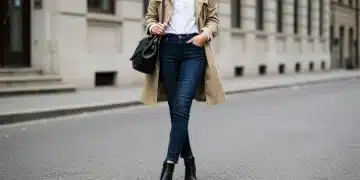 Woman in timeless trench coat, white shirt, dark jeans, and leather boots, embodying smart wardrobe investments.